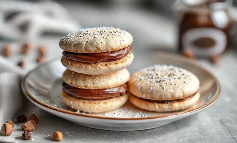 Casadinhos leite ninho com Nutella dispostos em uma bandeja, polvilhados com leite em pó e com recheio visível