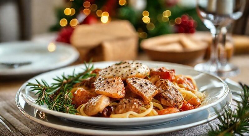 Mesa natalina completa com peru dourado, farofa crocante, arroz colorido e pavê decorado