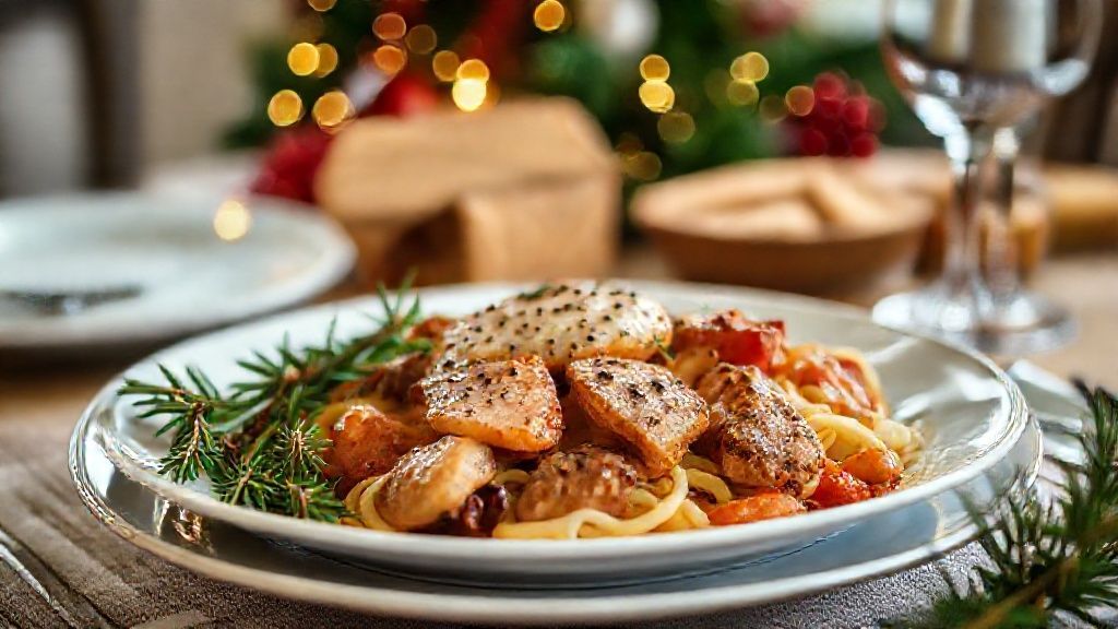 Ceia de Natal pronta com peru dourado, farofa e acompanhamentos — receitas de Natal tradicionais