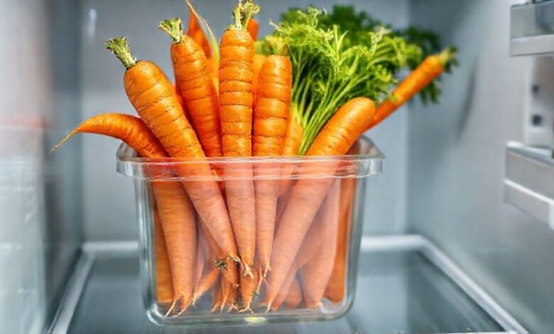 Cenouras vibrantes e frescas, algumas inteiras e outras em bastões, dispostas em um recipiente de vidro dentro da geladeira.