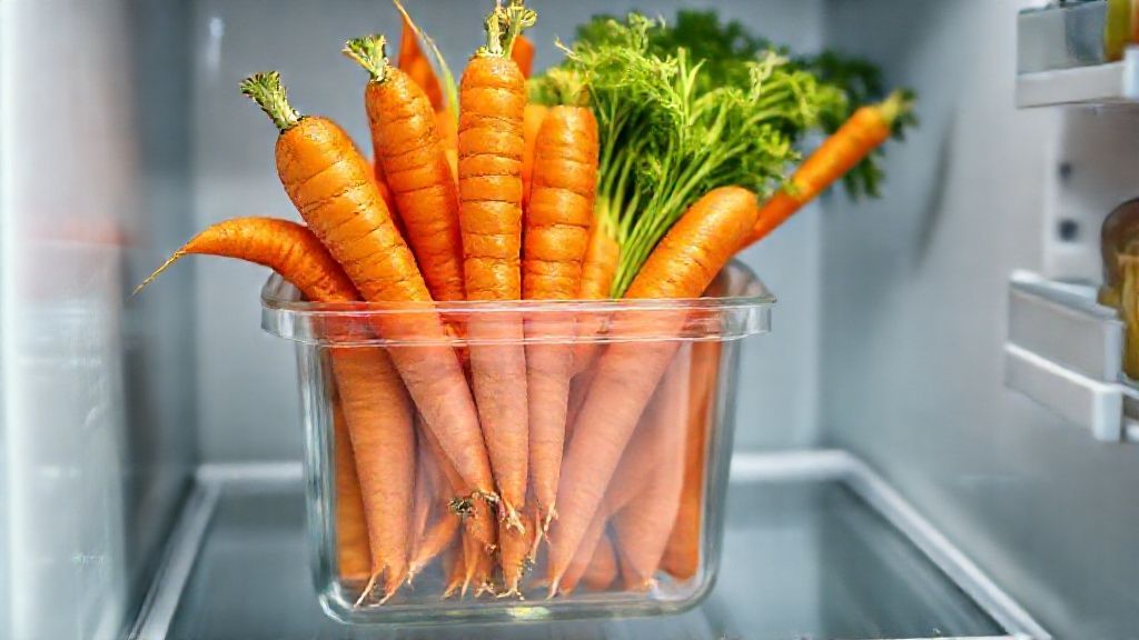 Cenouras vibrantes e frescas, algumas inteiras e outras em bastões, dispostas em um recipiente de vidro dentro da geladeira.