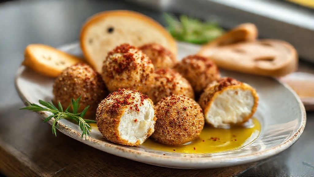 Bolinhas de chancliche caseiro temperadas com zaatar e páprica, servidas com azeite e pão sírio.