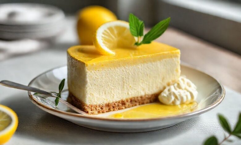 Cheesecake de limão cremoso finalizado com cobertura cintilante e raspas frescas de limão, servido em prato branco elegante