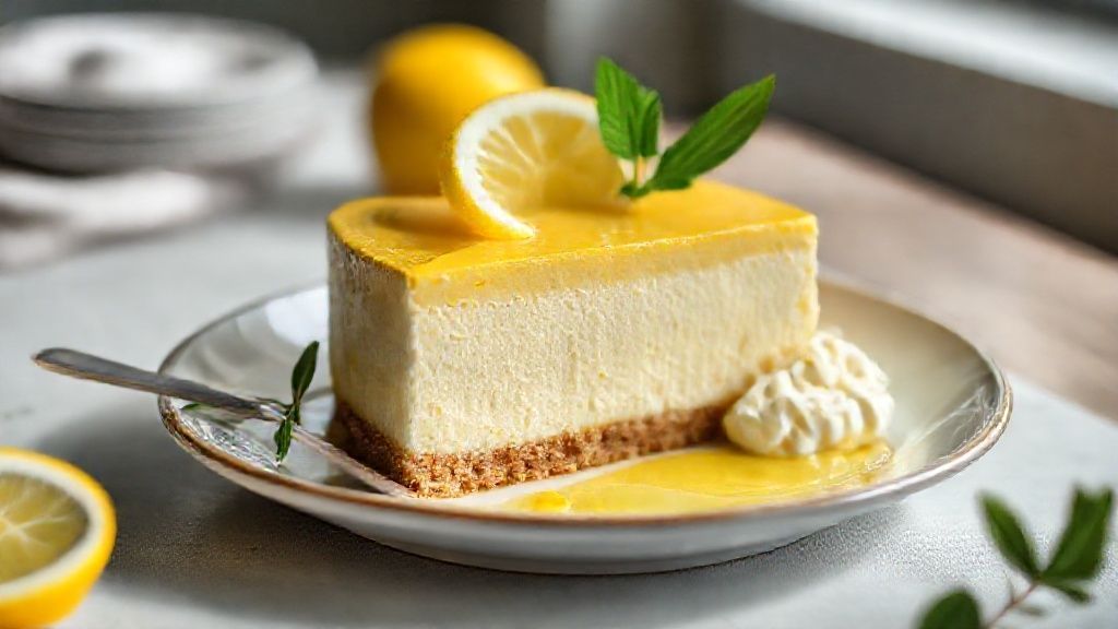 Cheesecake de limão cremoso com cobertura brilhante e raspas cítricas, sobremesa refrescante e elegante
