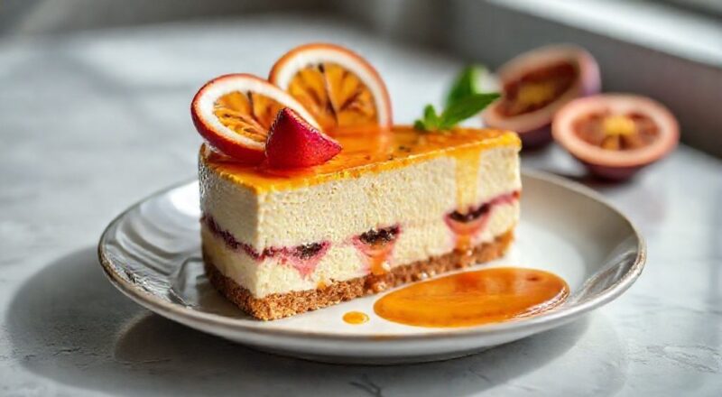 Cheesecake de maracujá pronto, com calda dourada e decoração tropical, servido em prato branco elegante