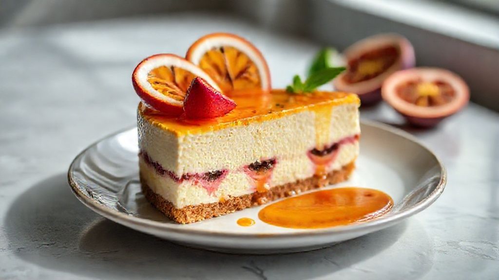 Cheesecake de maracujá cremoso com calda tropical e base crocante, pronto para servir no Natal