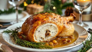 Chester assado dourado, recheado com ervas e castanhas, decorado com frutas e ervas frescas sobre uma travessa natalina.