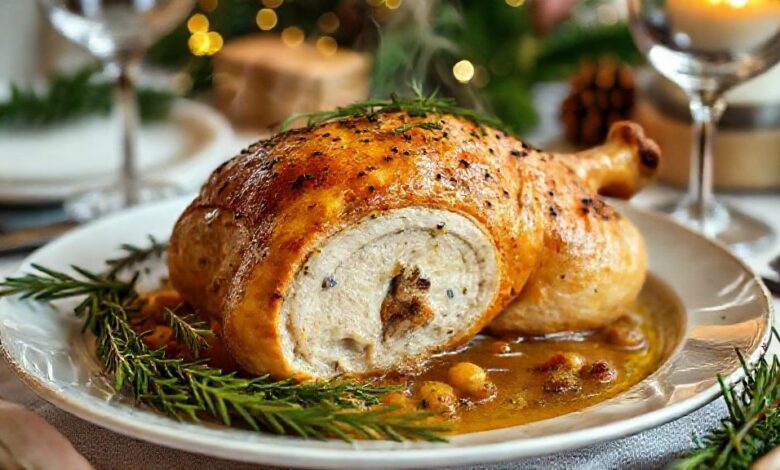 Chester assado dourado, recheado com ervas e castanhas, decorado com frutas e ervas frescas sobre uma travessa natalina.