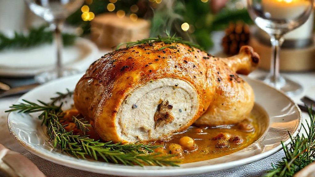 Chester assado dourado, recheado com ervas e castanhas, decorado com frutas e ervas frescas sobre uma travessa natalina.