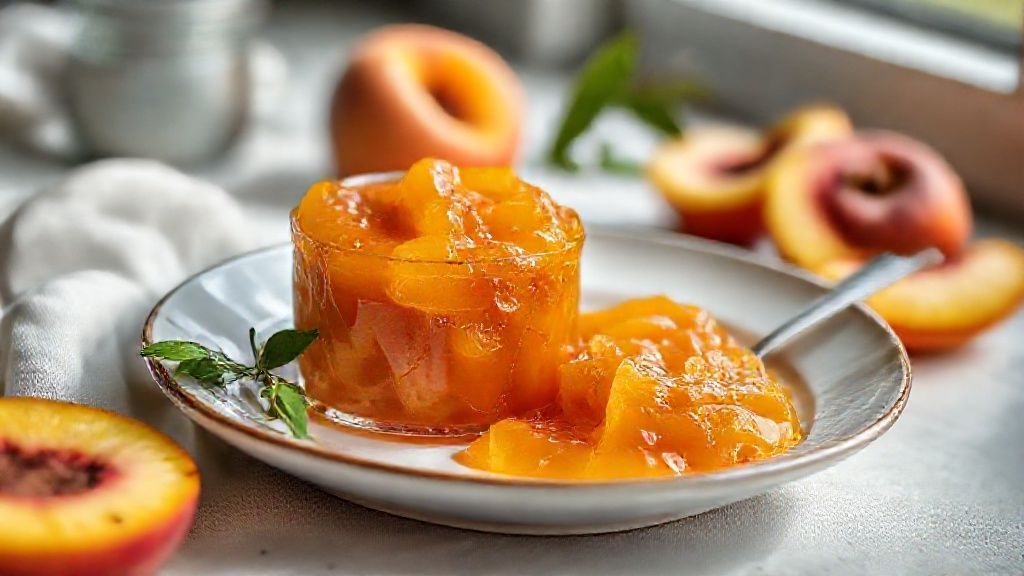 Pote de chimia de pêssego caseira dourada e brilhante, pronta para servir com pães ou torradas