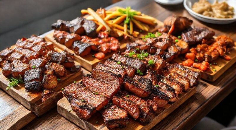 Churrasco variado com carnes bovinas, suínas e aves servidas em tábuas rústicas, prontas para uma grande confraternização