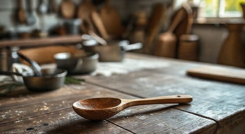Colher de pau rústica sobre mesa de madeira com utensílios ao fundo e luz natural suave