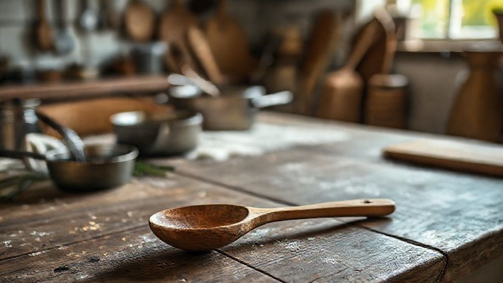 Colher de pau sobre bancada de madeira, destacando textura e simplicidade do utensílio clássico de cozinha