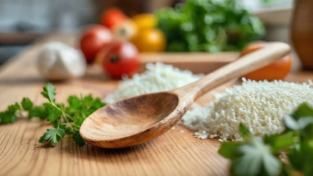 Close-up da colher de pau limpa e seca ao lado de ingredientes frescos, destacando sua textura natural