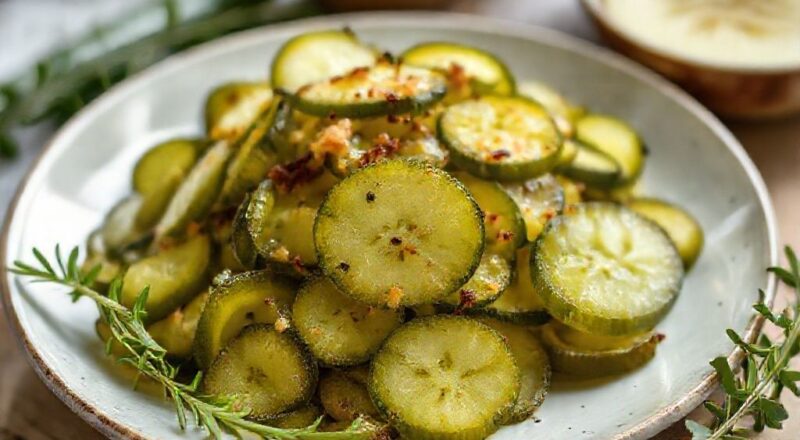 Pote de conserva de pepino crocante com temperos coloridos e calda agridoce, em luz natural sobre mesa rústica