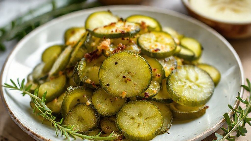 Pote de conserva de pepino crocante com especiarias e alho, mostrando a textura agridoce e fresca da conserva