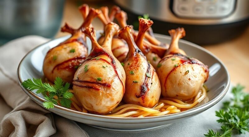 Prato de coração de frango na pressão pronto, suculento, com molho dourado e cheiro-verde fresco