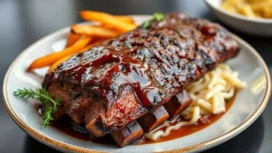 Costela dourada, coberta com molho barbecue caramelizado e brilhante, servida em tábua rústica com toque defumado