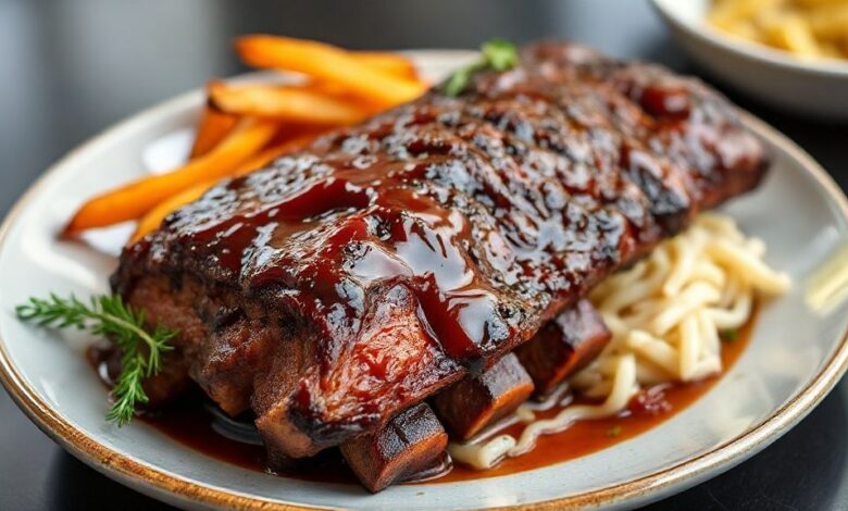 Costela dourada, coberta com molho barbecue caramelizado e brilhante, servida em tábua rústica com toque defumado