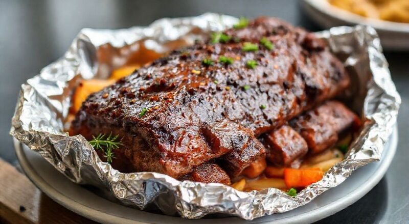 Costela bovina assada dourada, com crosta suculenta e batatas ao redor, servida em assadeira rústica.