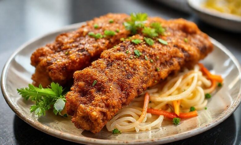 Costela de tambaqui frita dourada, servida com limão e farofa, aparência crocante e suculenta.