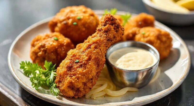 Coxinhas da asa douradas e crocantes servidas em prato com molho e ervas frescas
