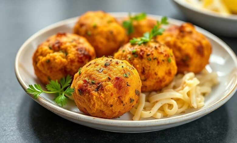 Coxinhas fit douradas e crocantes servidas em prato rústico com folhas verdes, aspecto leve e apetitoso