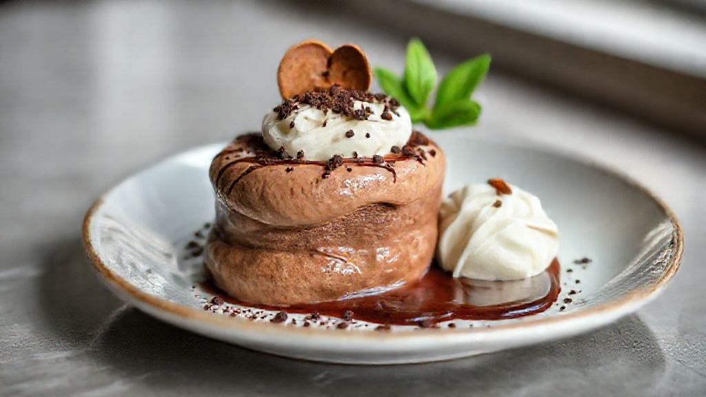 Taça de creme Bariloche cremoso com chantilly e raspas de chocolate, servida elegantemente