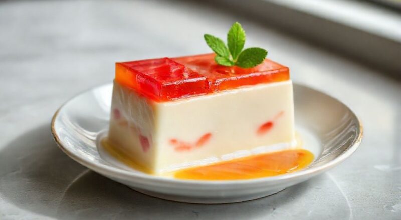 Sobremesa em camadas coloridas e cremosas servida em taça de vidro, com textura sedosa e visual vibrante.