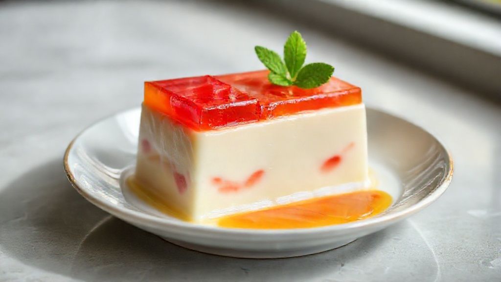 Taça de creme de leite condensado com gelatina cremoso colorido com camadas vibrantes servido gelado