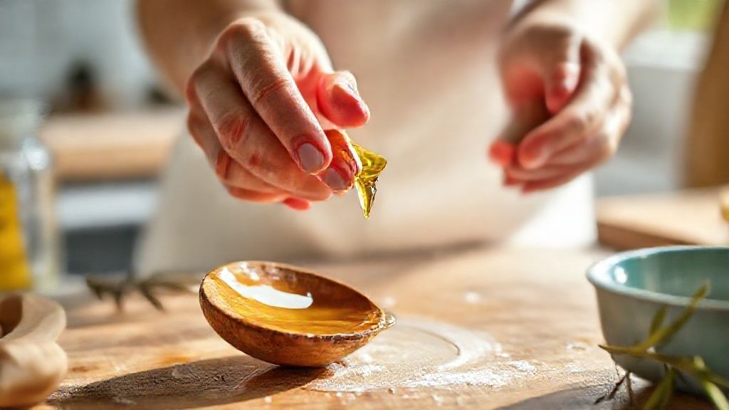 Mãos limpando colher de pau com pano e azeite em um ambiente de cozinha iluminado