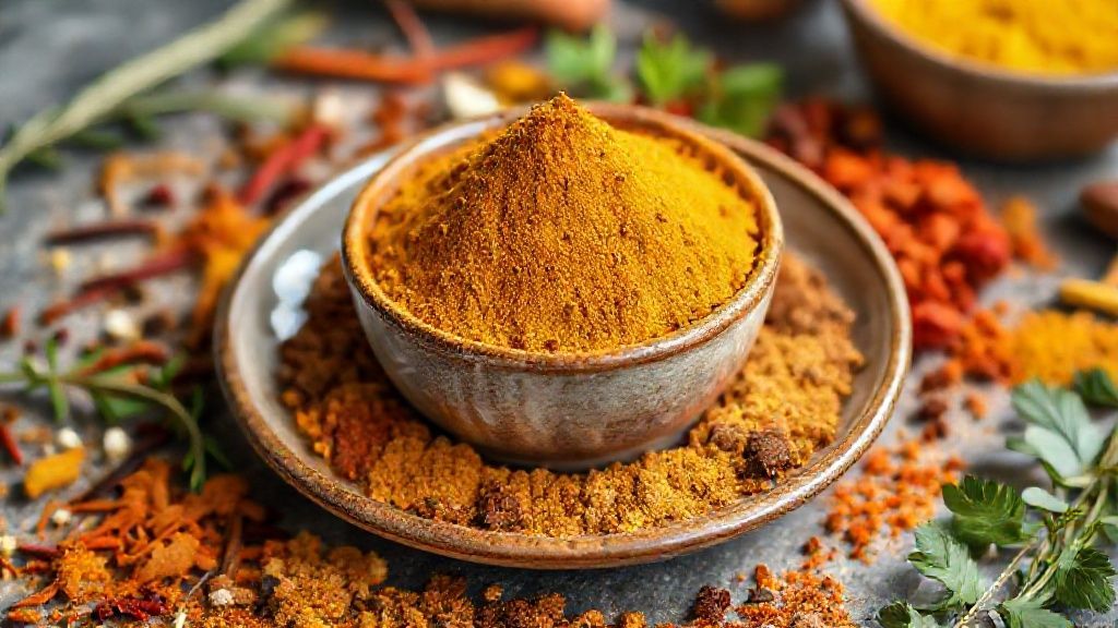 Mistura de curry caseiro em tigela de cerâmica com colheres de especiarias ao redor, mostrando como usar curry nas receitas