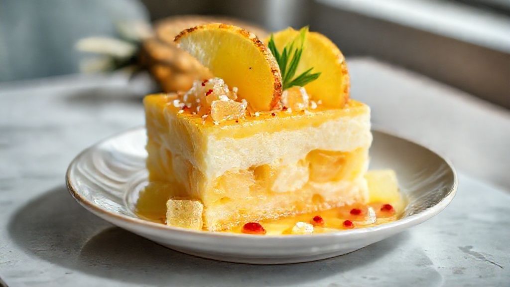 Taça de Delícia de Abacaxi cremosa em camadas, decorada com cubos de fruta e hortelã