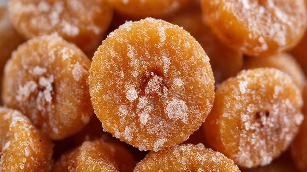 Close-up mostrando textura e brilho das barrinhas de bala de banana empanadas no açúcar