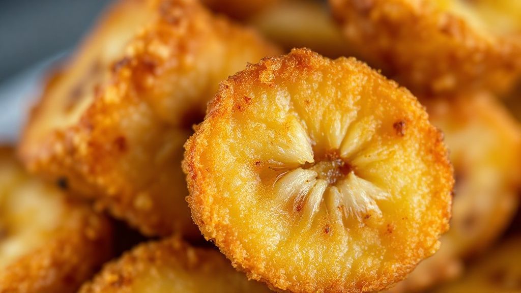 Close-up da banana crocante mostrando a casquinha dourada e o interior macio