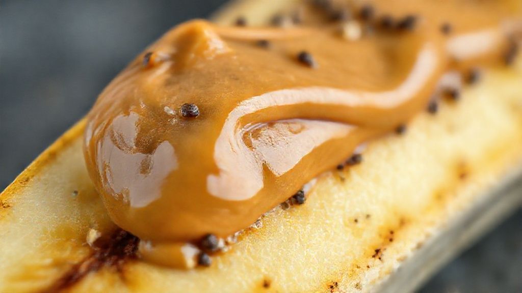 Close-up das rodelas de banana com pasta de amendoim e sementes, destacando textura e brilho natural.