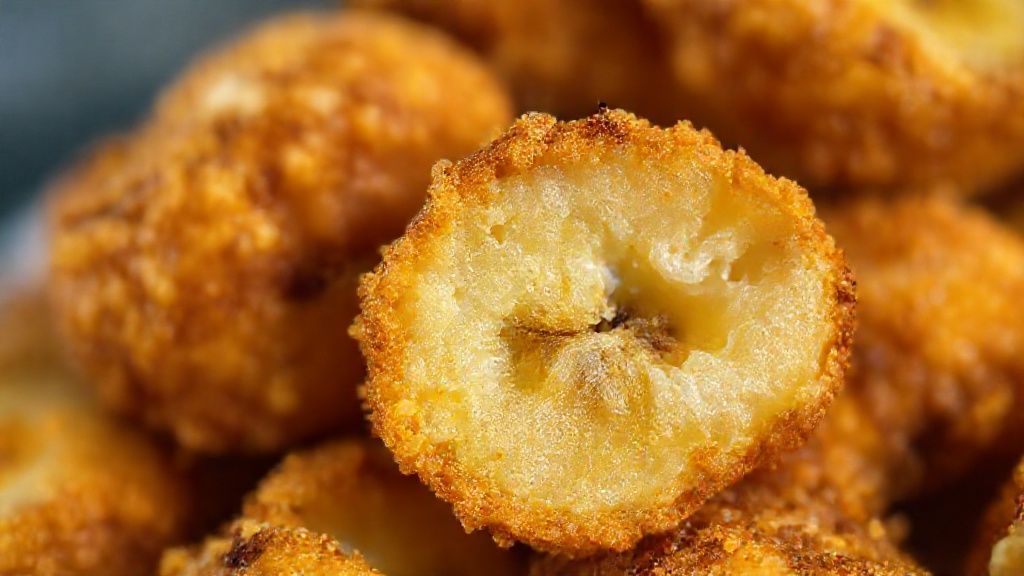 Close-up de banana frita aberta, mostrando interior macio e casquinha crocante