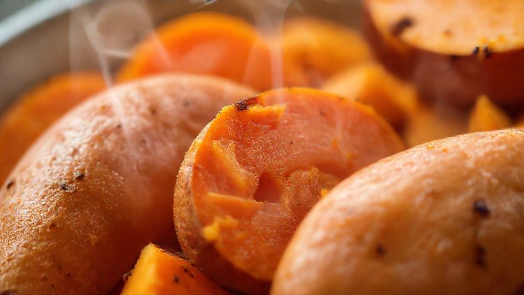 Close-up da batata doce cozida em cubos, destacando a textura macia e o brilho natural