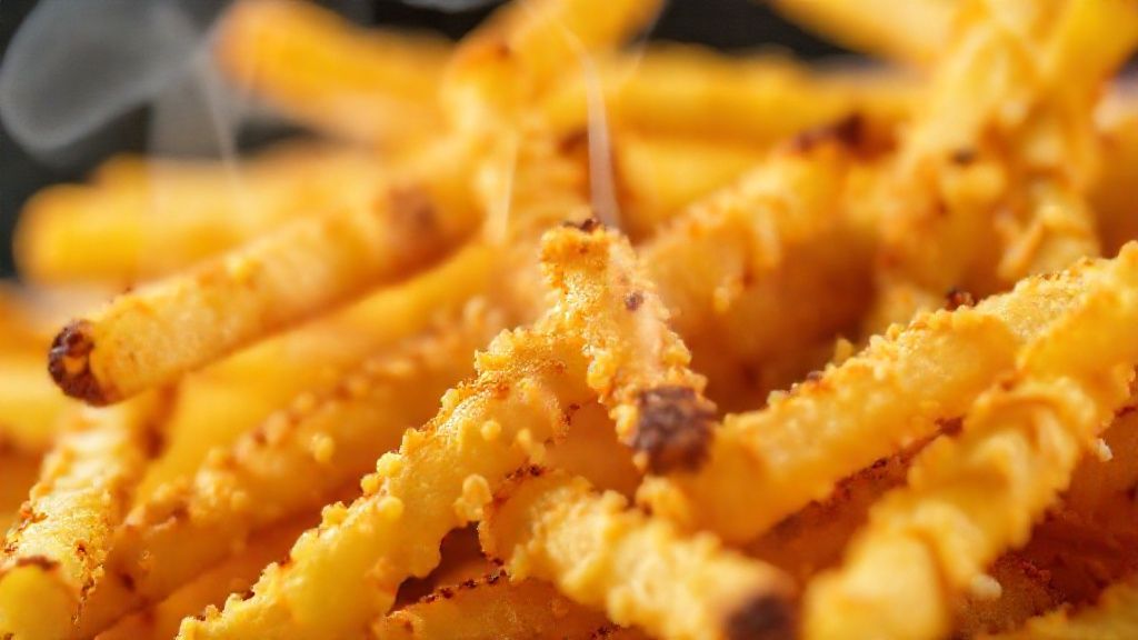 Close-up da batata dourada e crocante, mostrando a textura e o brilho do sal sobre a superfície.