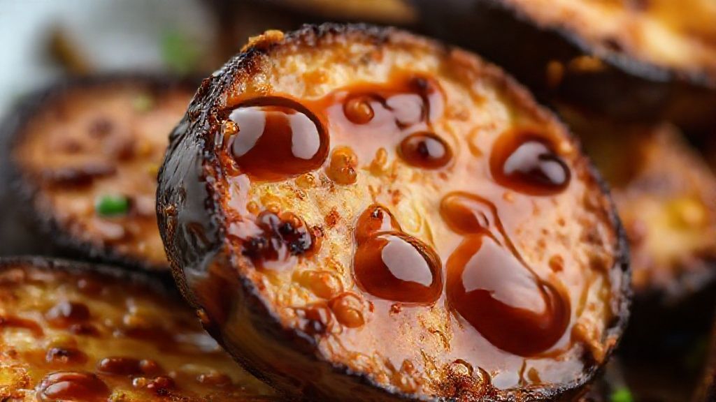 Close-up destacando a textura crocante da berinjela e o brilho do molho de missô