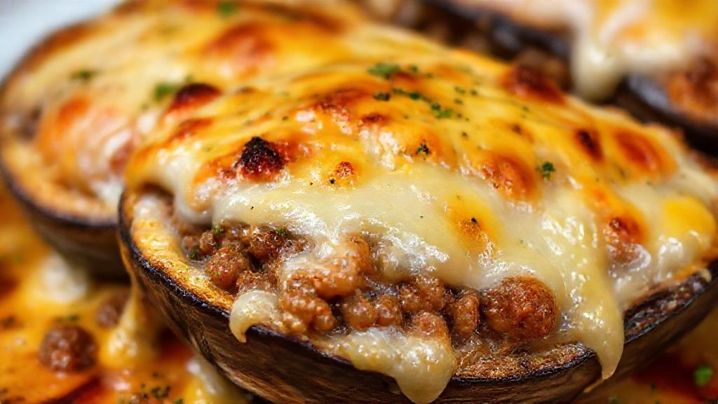 Close-up do prato gratinado destacando o queijo derretido e a textura do recheio