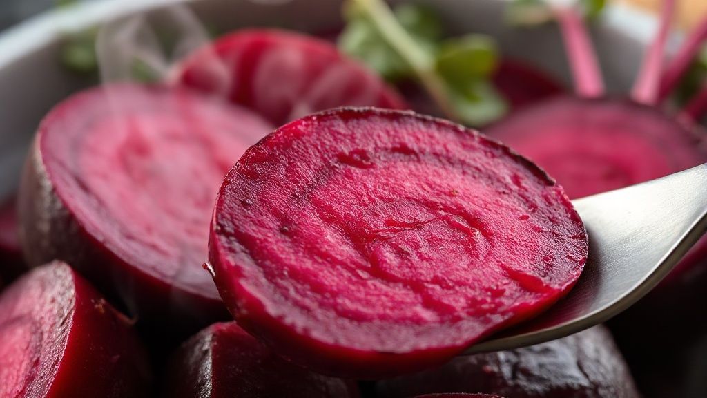 Close-up das beterrabas cortadas após o cozimento, mostrando textura macia e cor viva