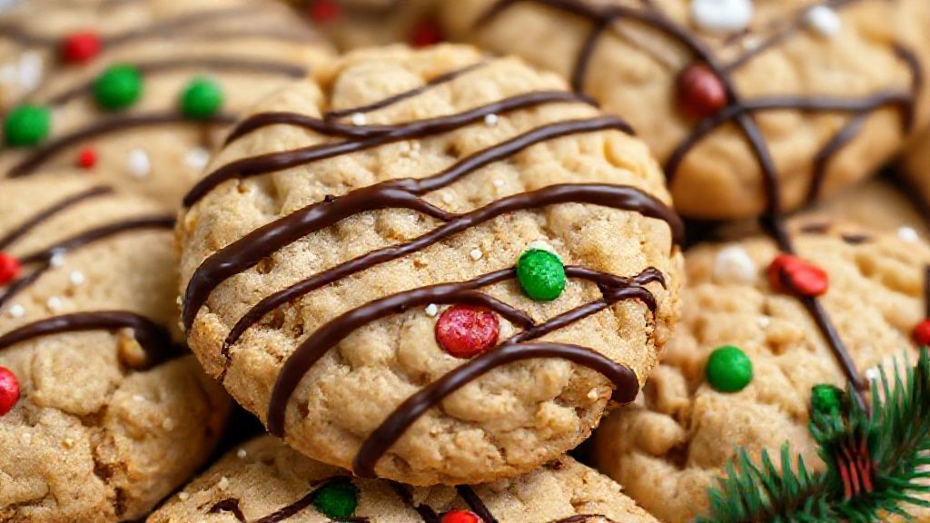 Close-up de uma bolacha de Natal fit decorada com chocolate 70%, mostrando textura crocante e detalhes festivos