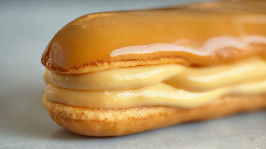 Close-up mostrando o interior cremoso da bomba cortada, com o doce de leite derretendo levemente