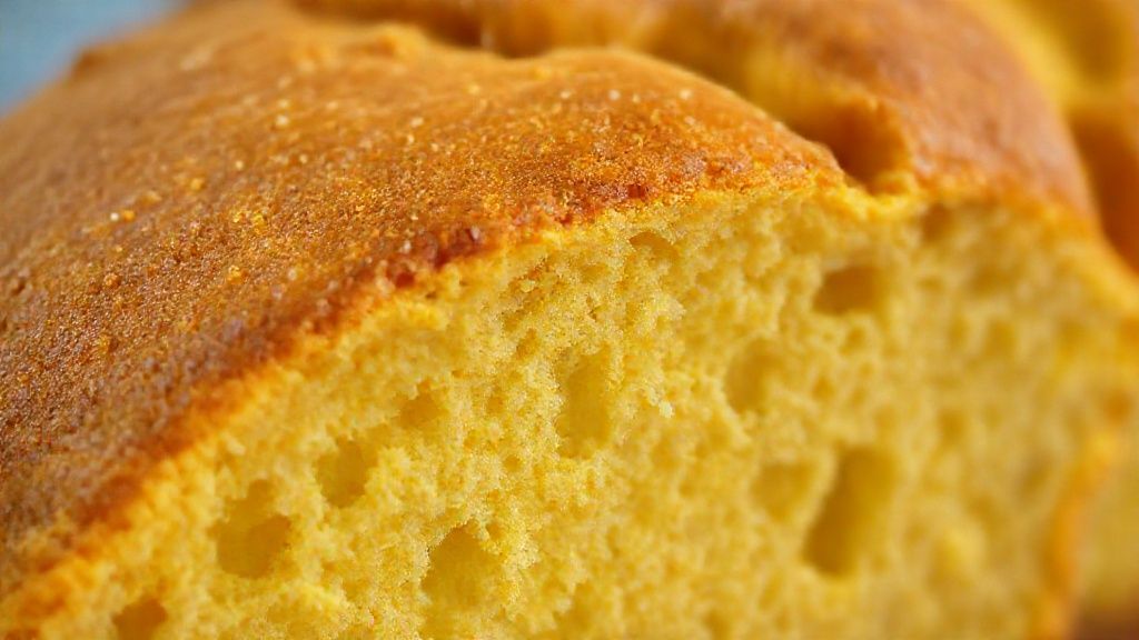 Close-up mostrando a textura fofa e a casquinha dourada da broa recém-assada