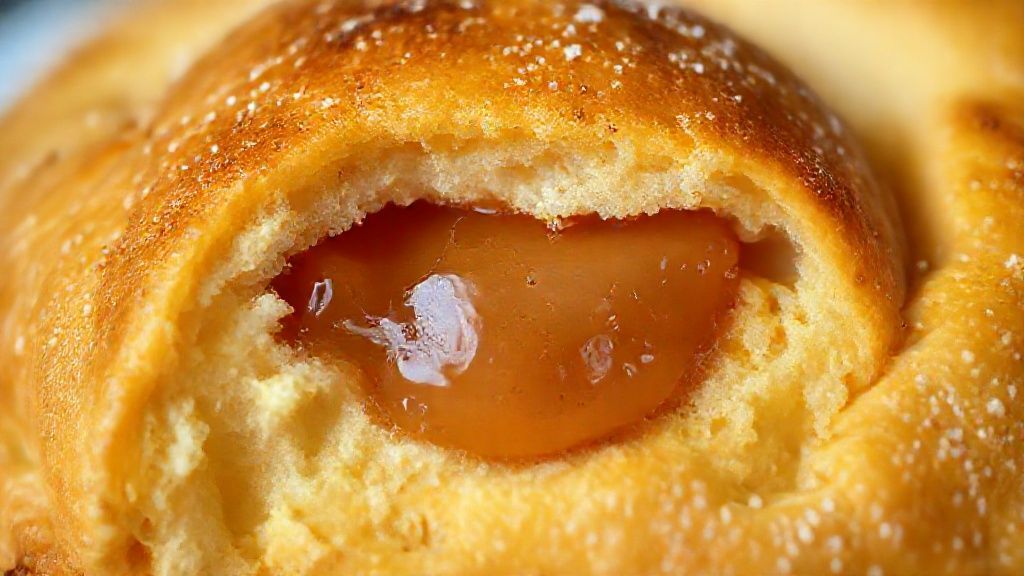 Close-up mostrando a textura macia da broa dourada com goiabada derretida no centro.