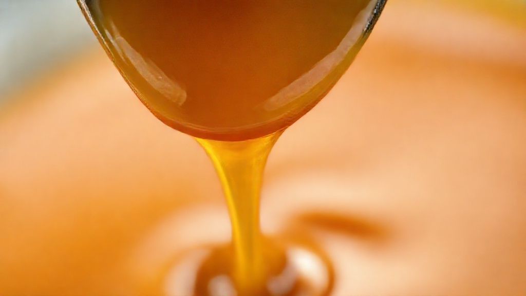 Close-up da calda de caramelo dourada com brilho intenso escorrendo de uma colher