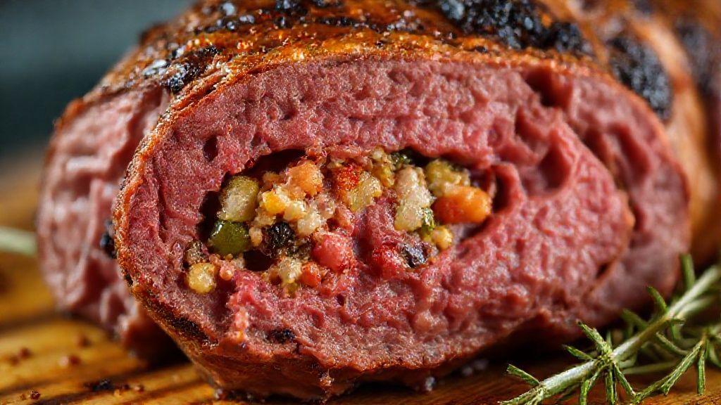 Close-up de uma fatia da carne assada recheada, mostrando textura e recheio colorido