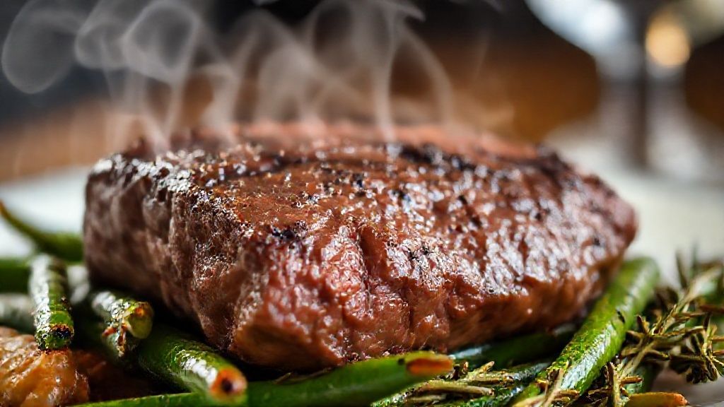 Close-up mostrando a textura suculenta da carne e o brilho verde das vagens, destacando a combinação de cores e sabores