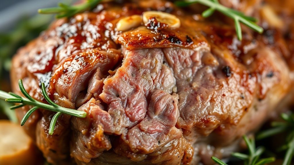 Close-up da carne fatiada, mostrando textura suculenta e brilho da crosta dourada